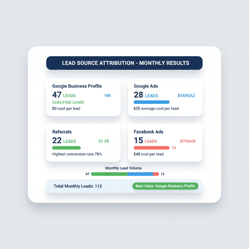 Lead source attribution dashboard showing Google Business Profile generating 47 leads at $0 cost, Google Ads 28 leads at $35 each, referrals 22 leads with 78% conversion rate