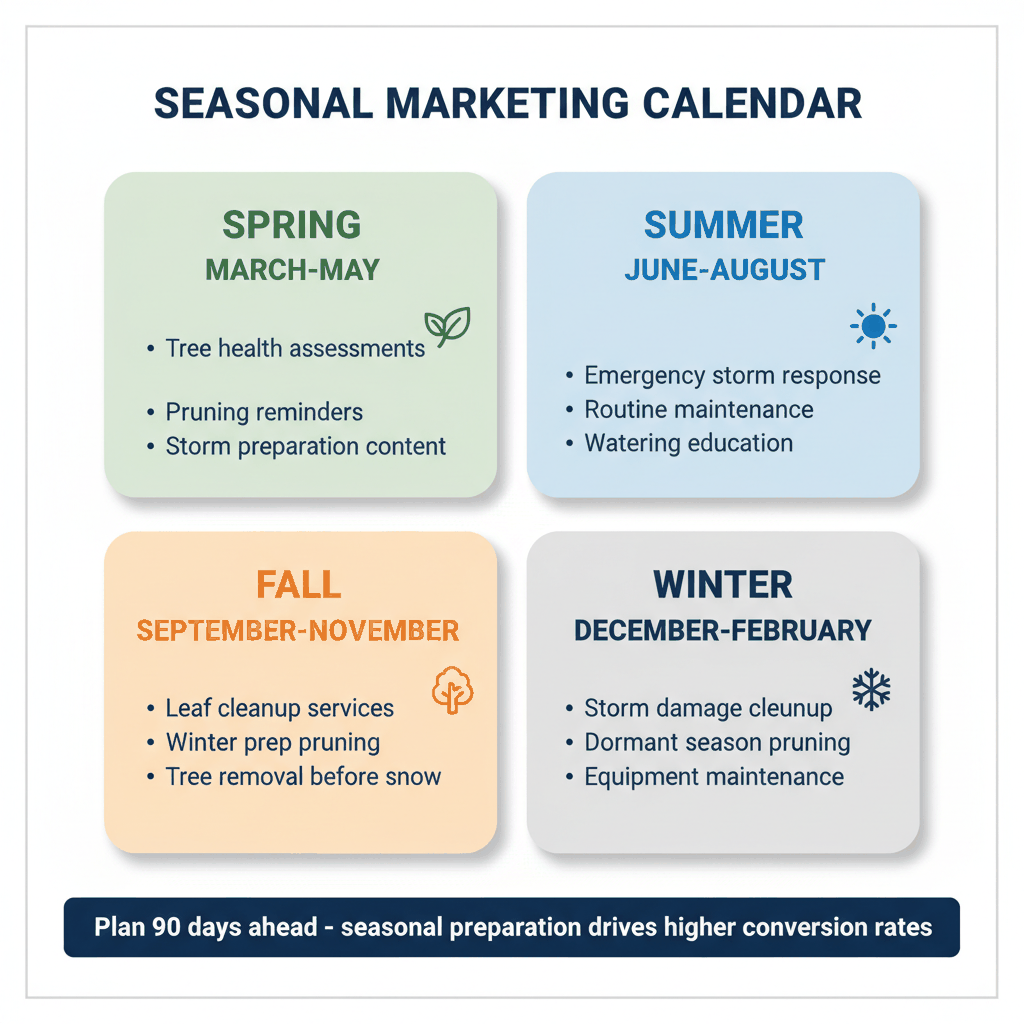 Seasonal tree service marketing calendar showing spring tree health assessments, summer emergency response, fall cleanup services, and winter storm damage campaigns