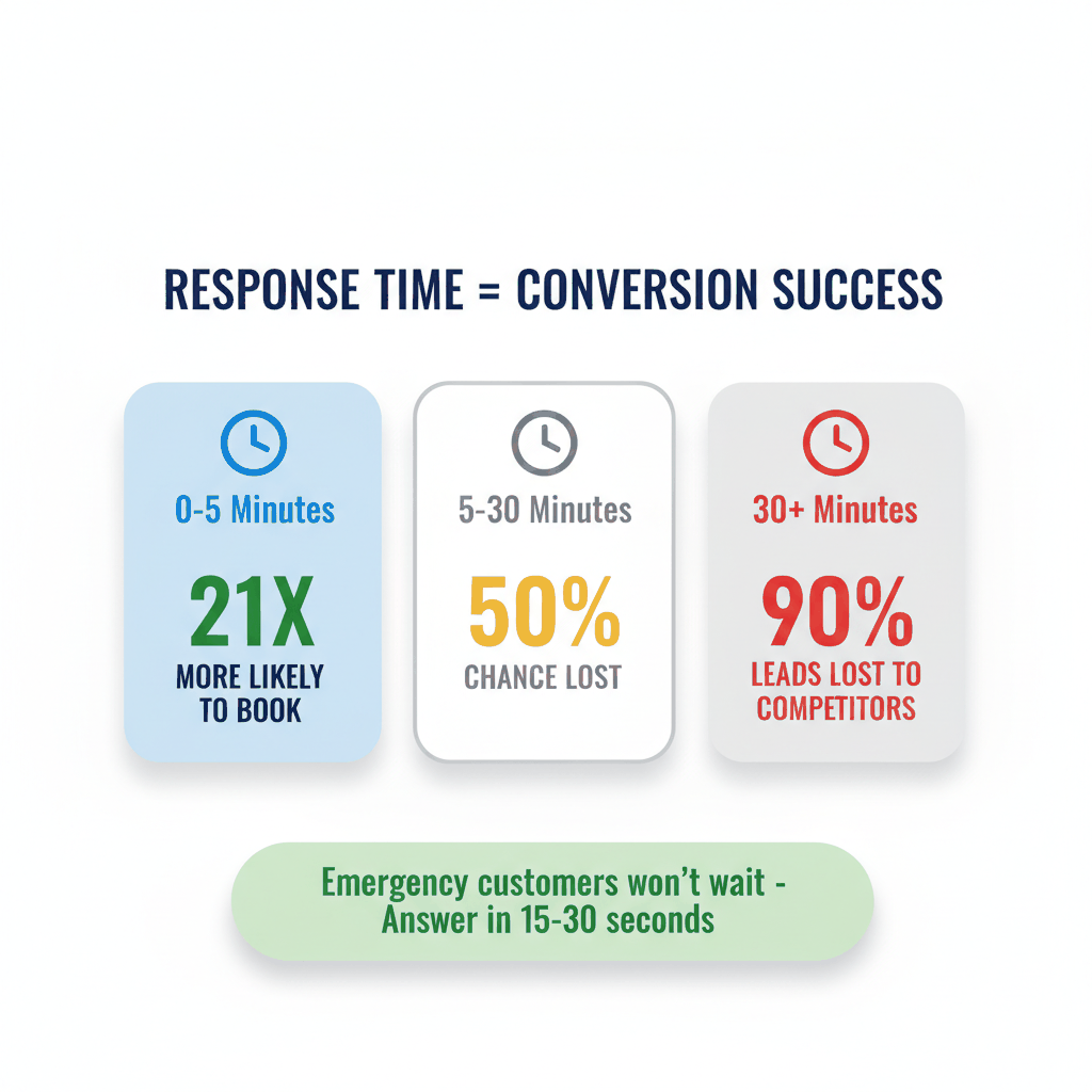 Locksmith response time conversion chart showing 21x higher booking rates for 5-minute responses - emergency locksmith lead generation