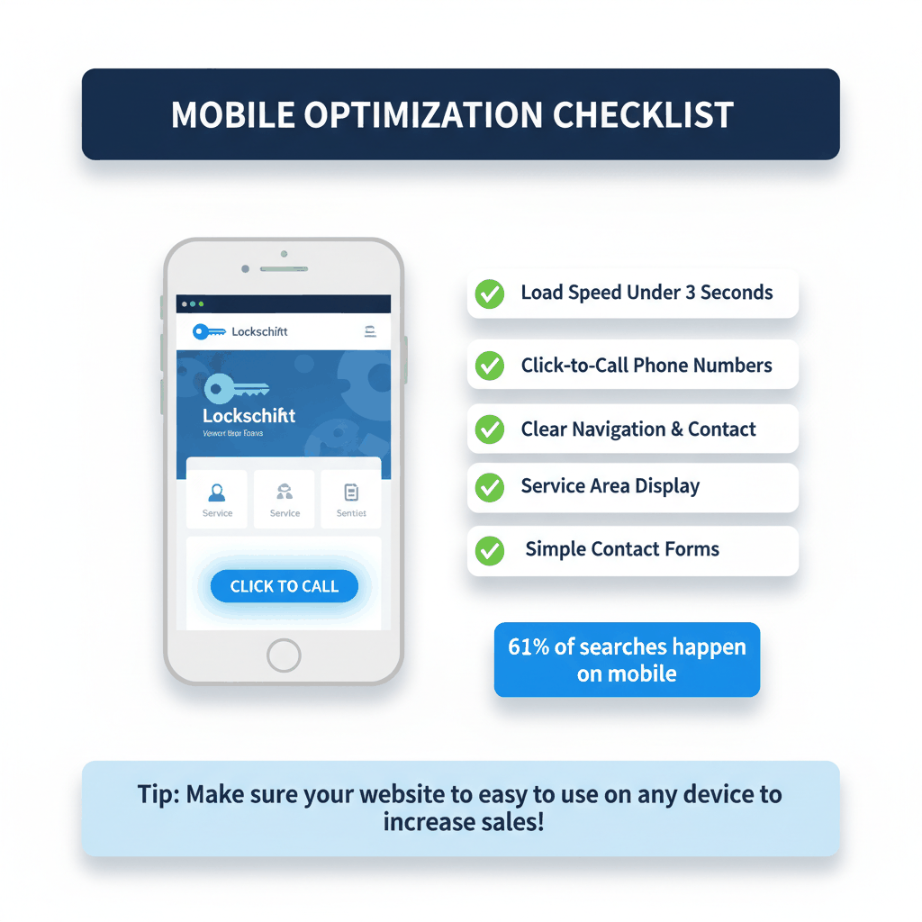 Mobile optimization checklist for locksmith websites showing 61% mobile search statistics and essential features
