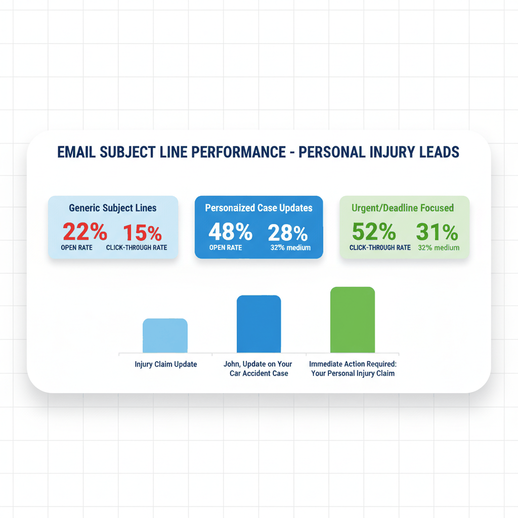 Email subject line performance comparison showing 52% open rates for urgent legal deadlines vs 22% for generic messages - personal injury email marketing analytics