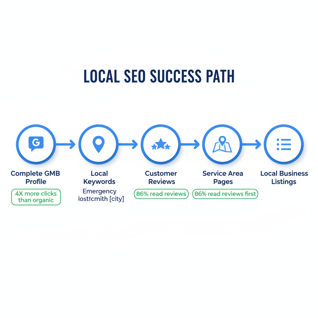 Local SEO workflow for locksmith businesses showing Google Business Profile optimization and review strategy steps