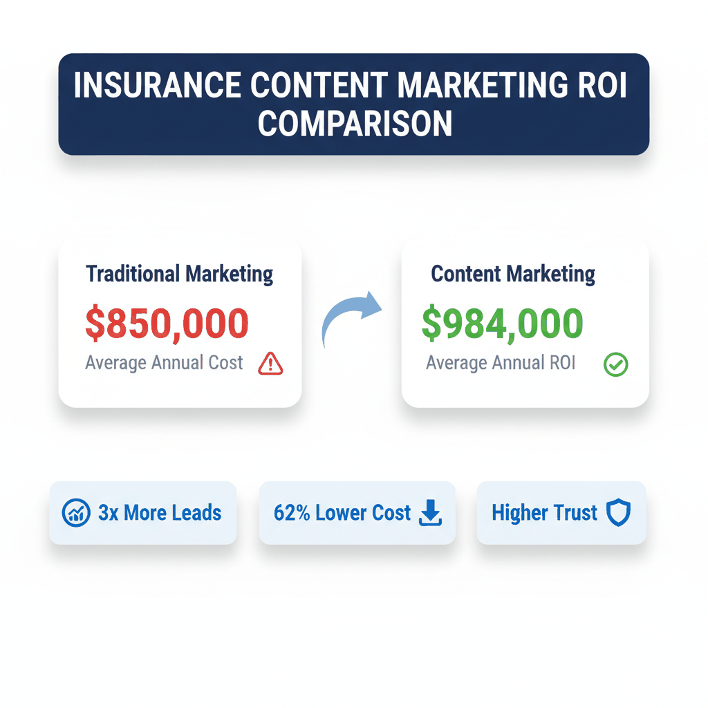 Insurance content marketing ROI comparison dashboard showing $984,000 average annual ROI vs traditional marketing costs - insurance marketing ROI statistics