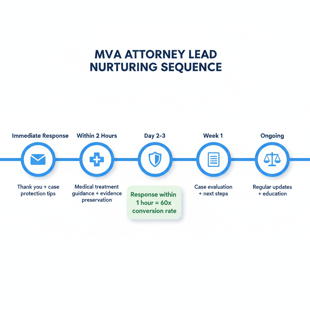 MVA attorney lead nurturing email timeline showing immediate response through ongoing case updates for motor vehicle accident client conversion