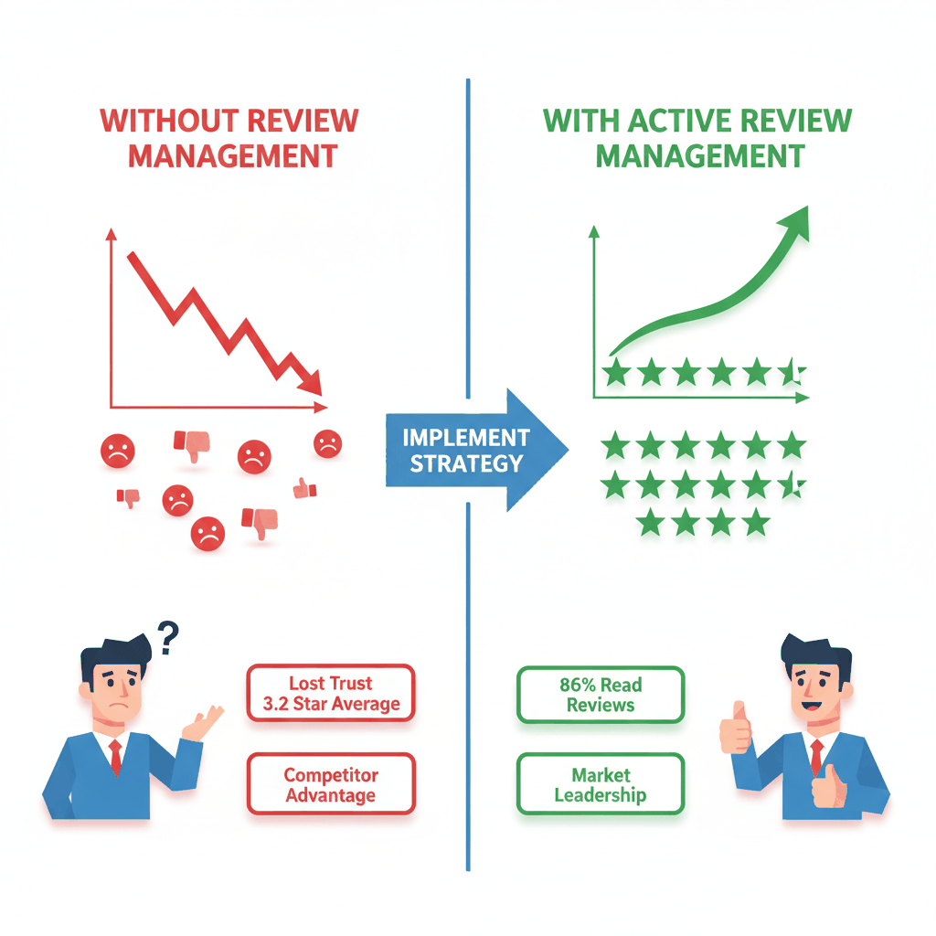 Review management comparison showing 86% of customers read reviews and impact on locksmith business success