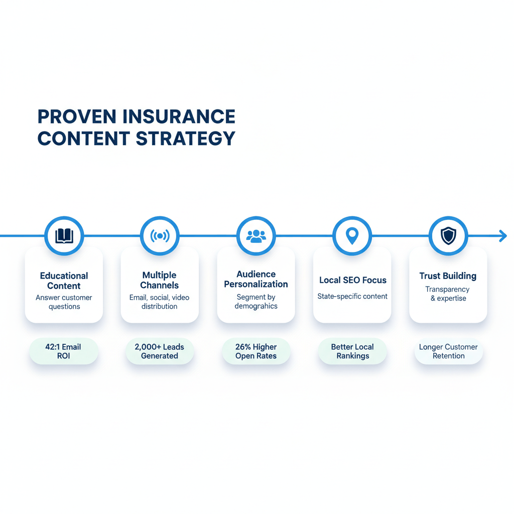 Five-step insurance content marketing strategy process flow showing educational content, multi-channel distribution, personalization, local SEO, and trust building - proven insurance content strategies