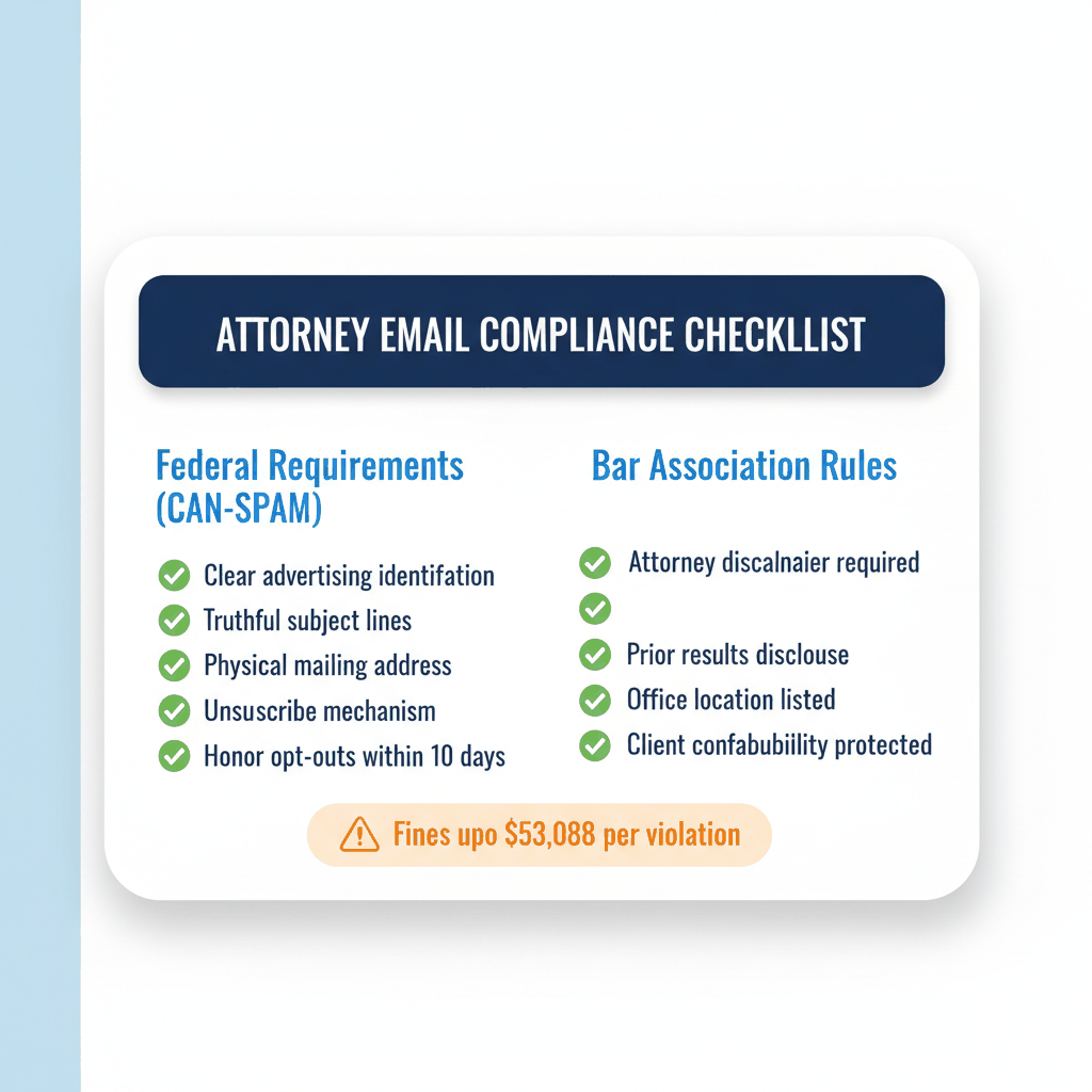 Attorney email marketing compliance checklist showing CAN-SPAM requirements and bar association rules with $53,088 violation penalties