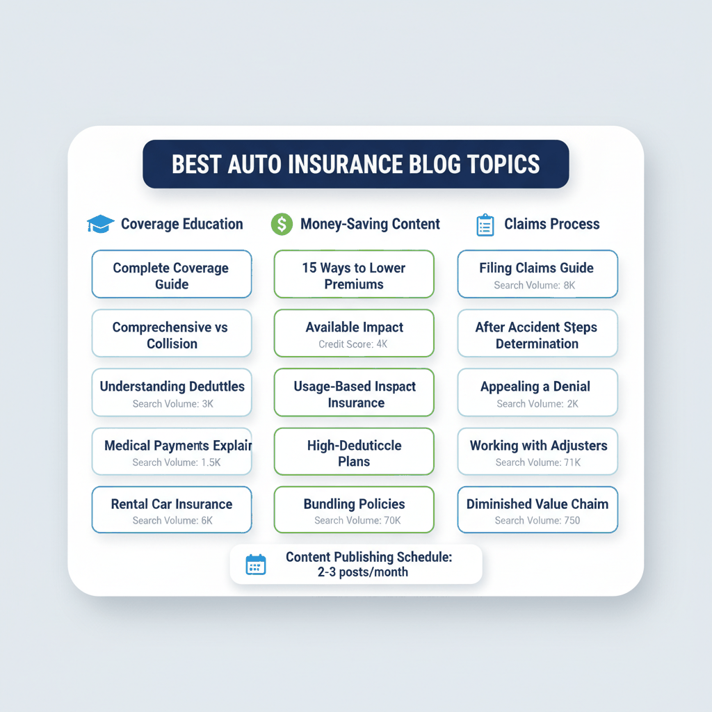 Auto insurance blog topics content calendar showing coverage education, money-saving, and claims process content categories with publishing schedule - best auto insurance blog topics