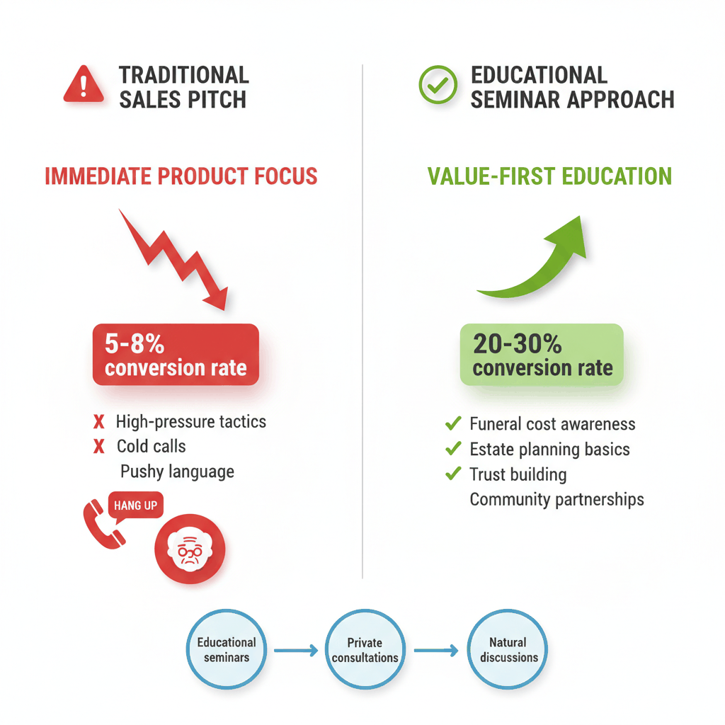 Comparison chart showing educational seminar approach versus traditional sales pitch methods for final expense insurance with conversion rates