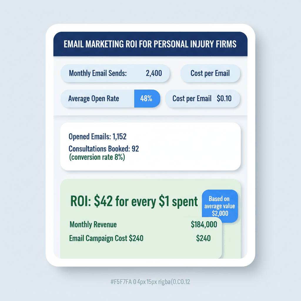 Email marketing ROI calculator showing $42 return per dollar spent for personal injury law firm email campaigns with 48% open rates