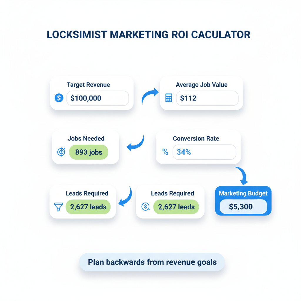 Locksmith marketing ROI planning calculator showing revenue goals to required leads conversion for $100,000 target