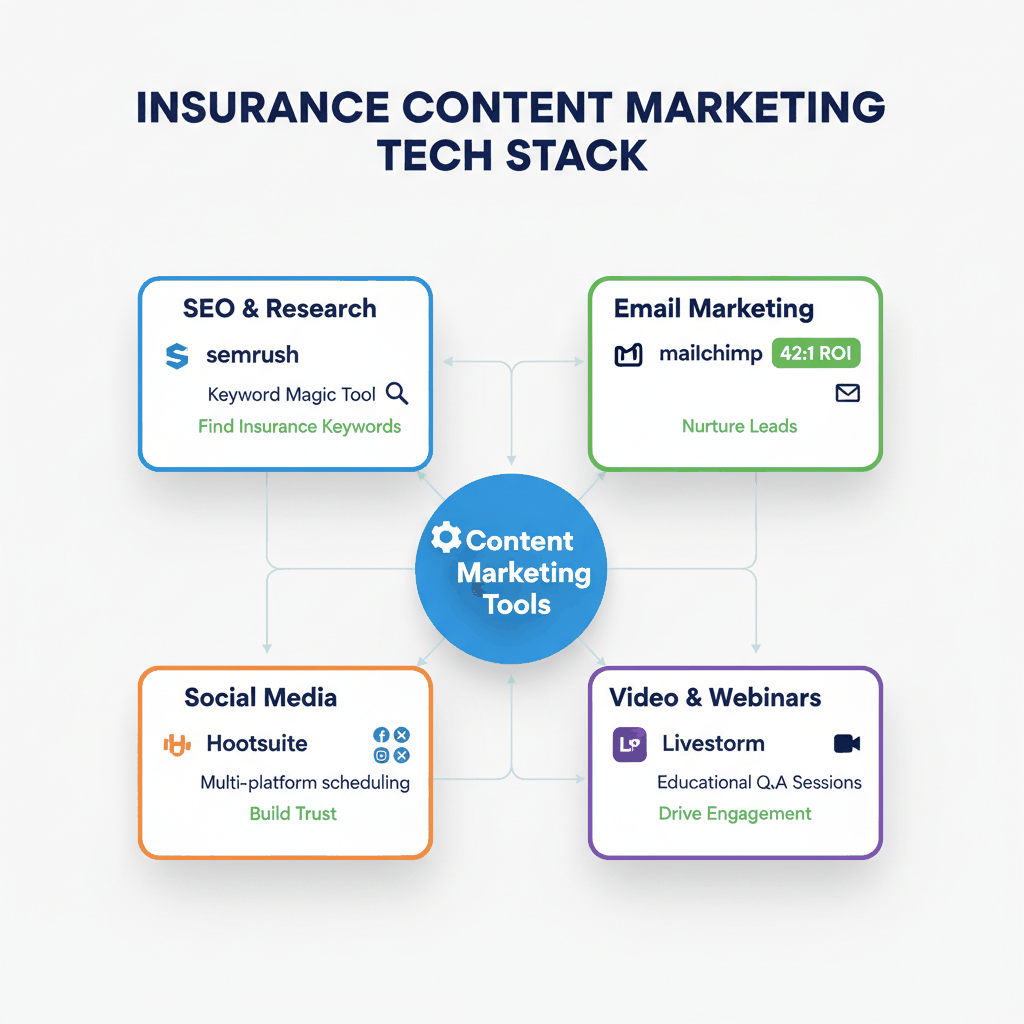 Content marketing tools ecosystem dashboard showing SEO research, email marketing, social media, and video tools for insurance agencies - tools for content success