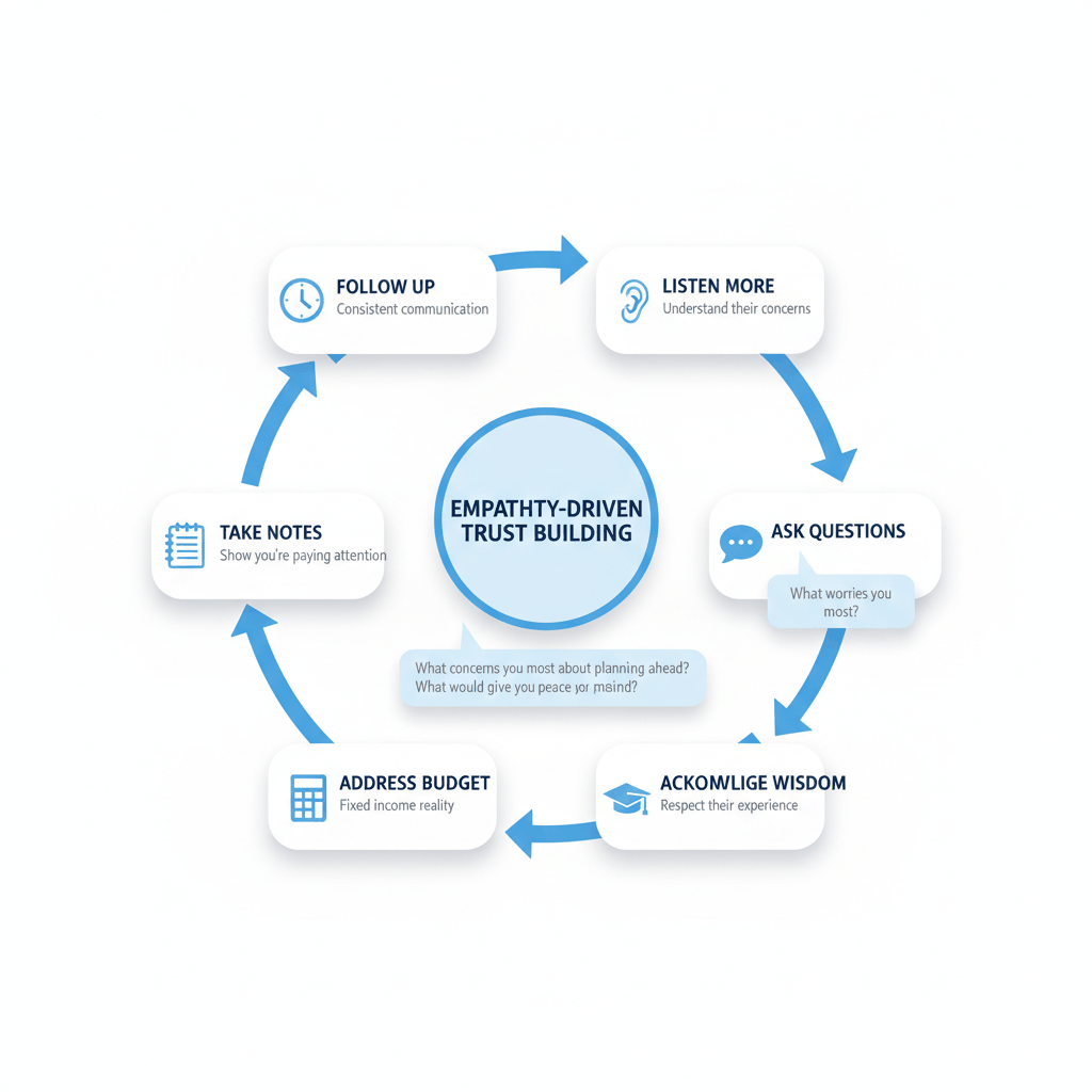 Circular workflow diagram showing six-step empathy-driven communication process for building trust with senior insurance prospects