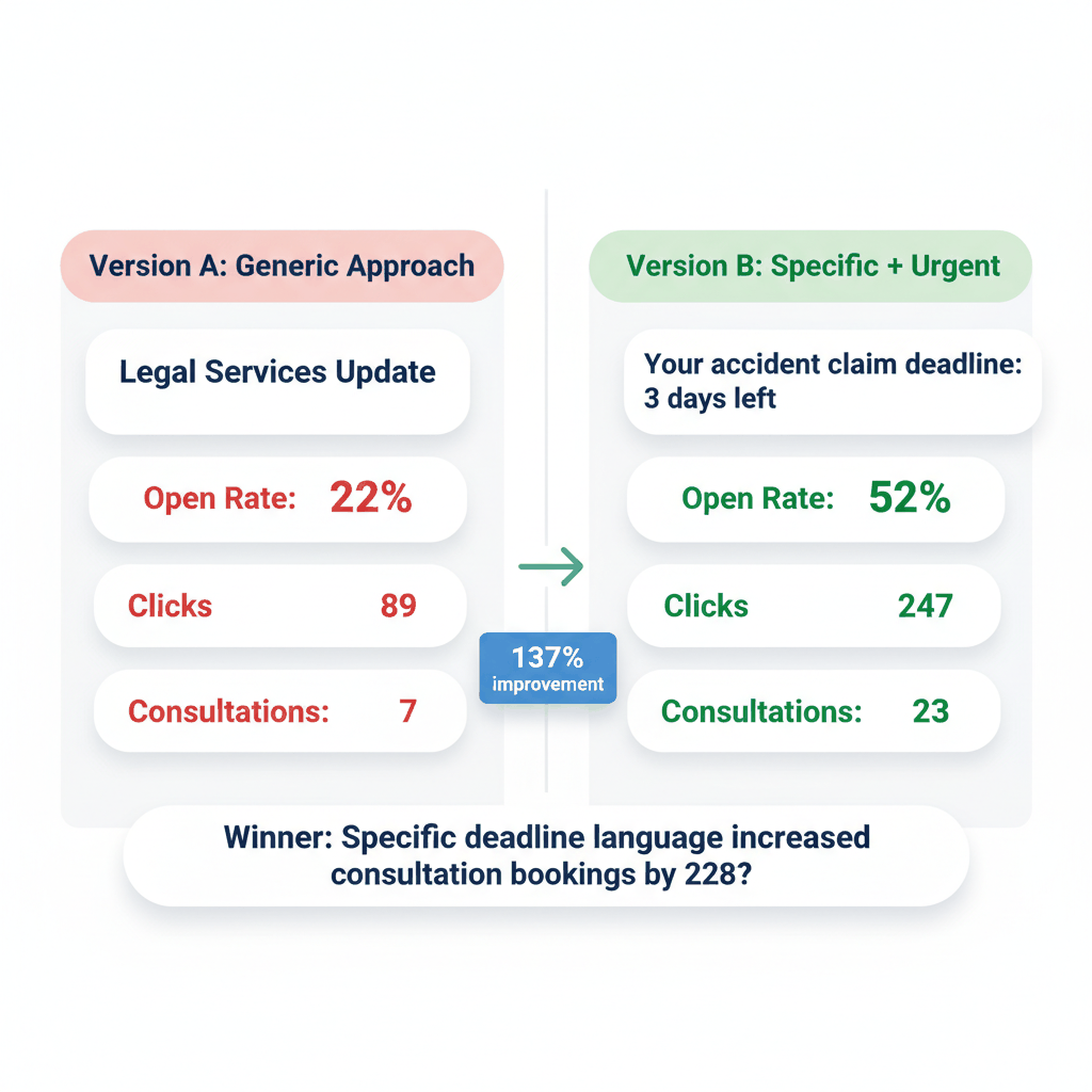 A/B testing results comparing generic vs specific urgent email subject lines showing 137% improvement in personal injury lead conversion