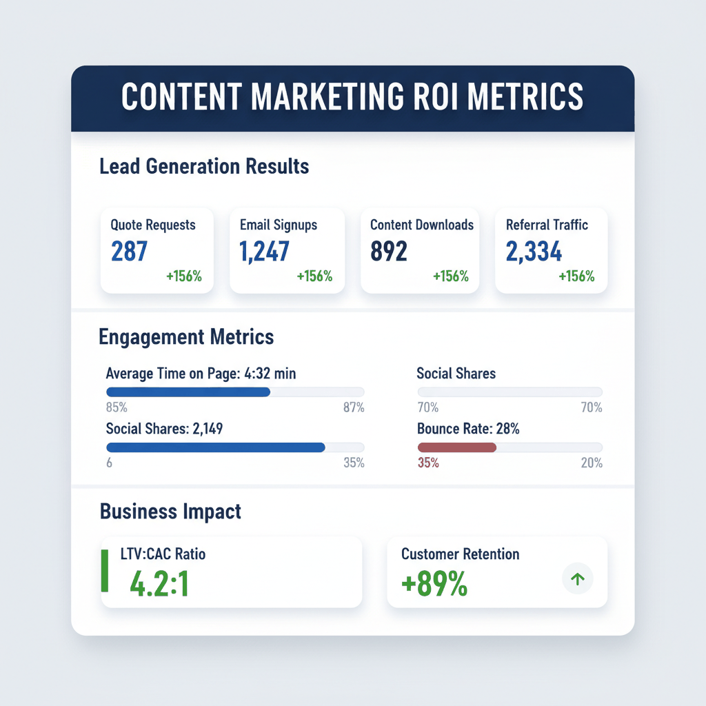 Content marketing ROI measurement dashboard showing lead generation metrics, engagement tracking, and business impact for insurance agencies - measuring content ROI