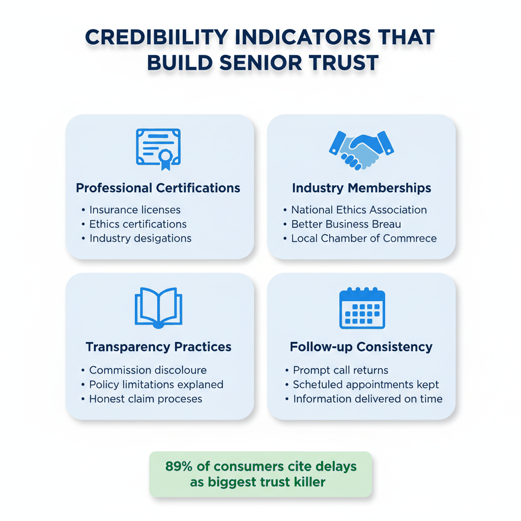 Professional credibility building elements infographic showing certifications, memberships, transparency practices and follow-up consistency for senior insurance sales
