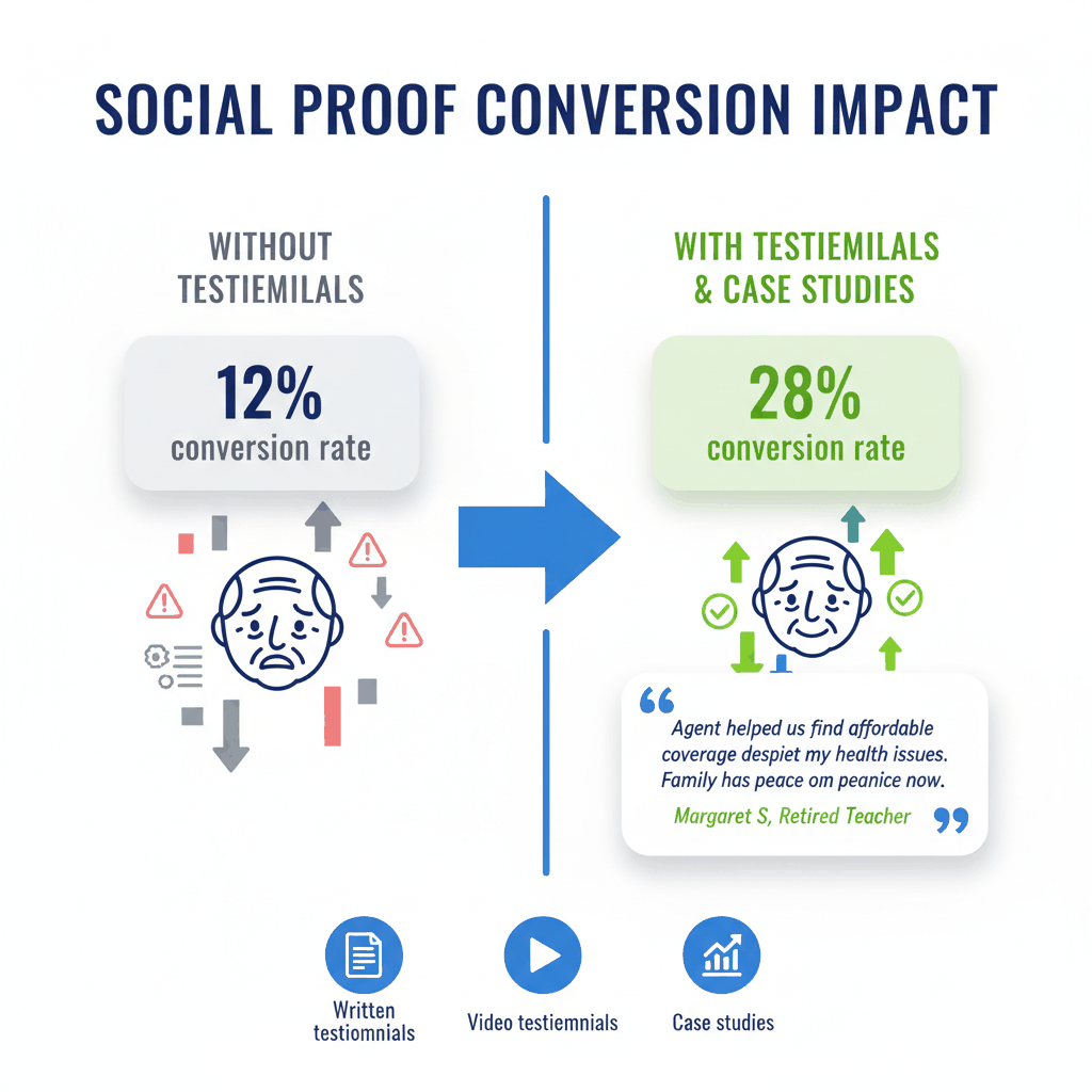 Before and after comparison showing conversion rate improvement from 12% to 28% when using testimonials and case studies in senior insurance sales