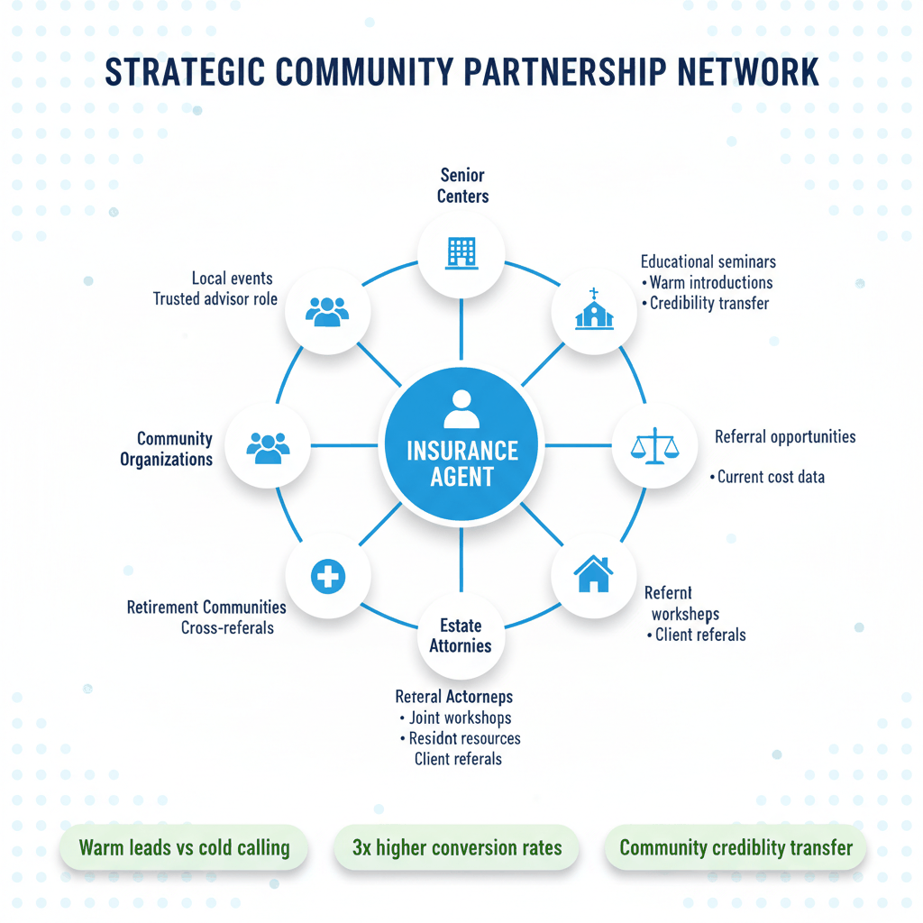 Community partnership network diagram showing strategic relationships between insurance agents and local organizations serving seniors