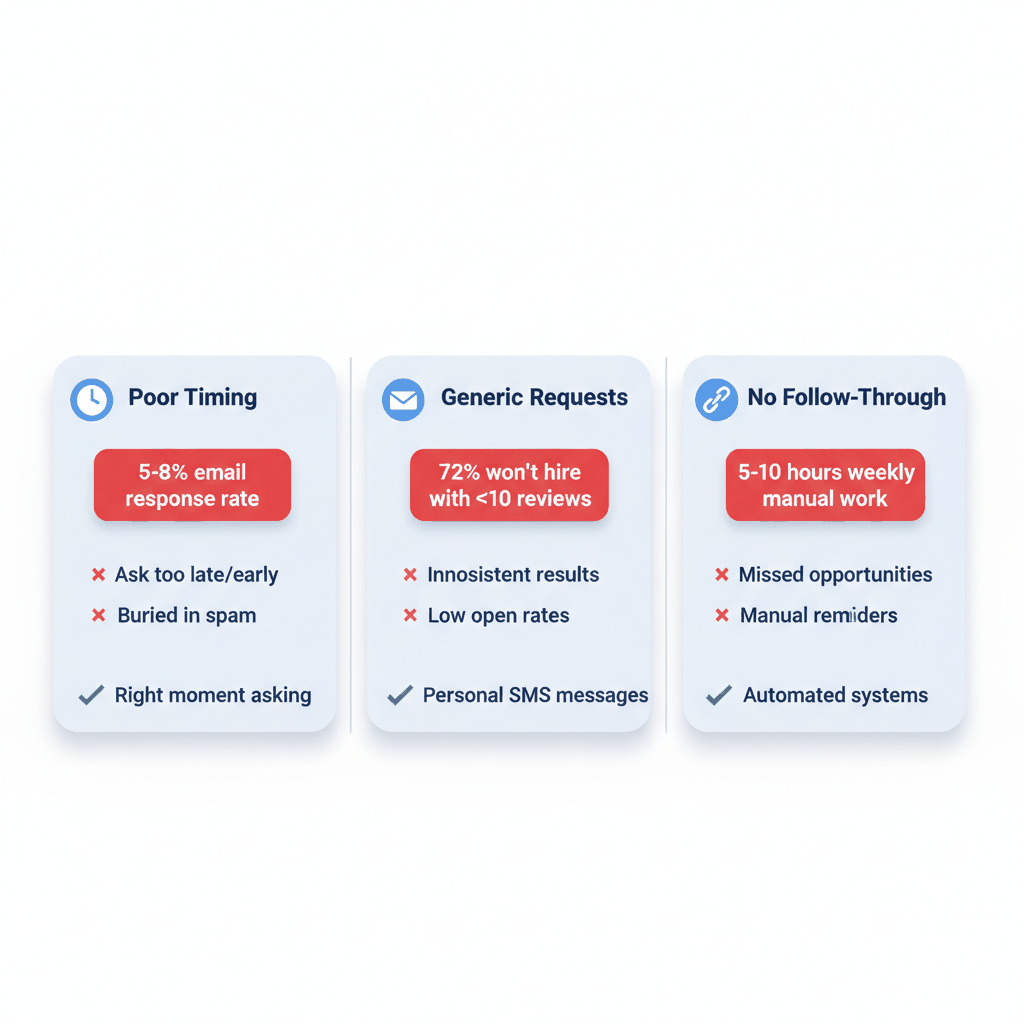 Comparison chart showing common handyman review generation challenges including poor timing, generic requests, and lack of follow-through systems