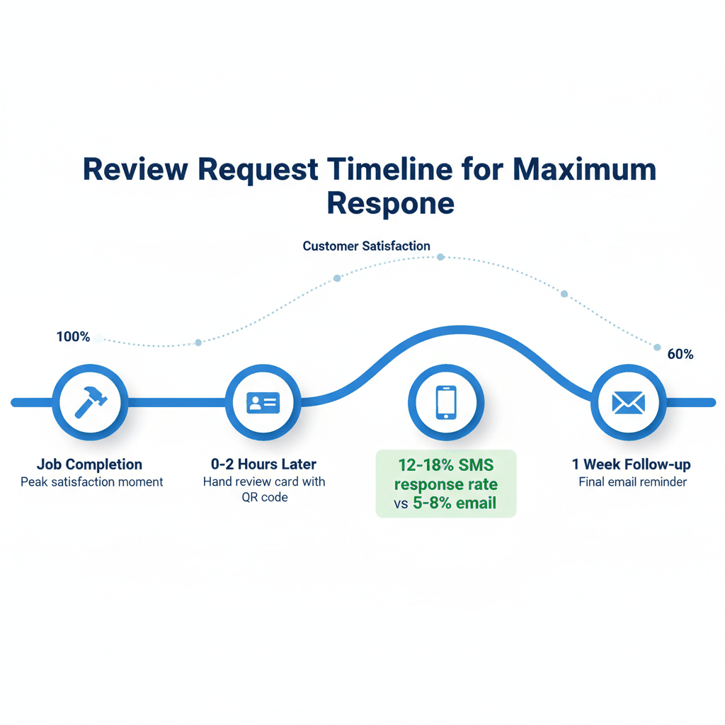 Timeline showing optimal moments to request handyman customer reviews from job completion through follow-up messaging for maximum response rates