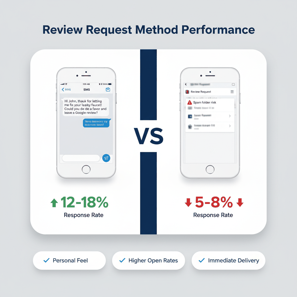 Side-by-side comparison of SMS versus email review requests showing response rates and delivery advantages for handyman businesses