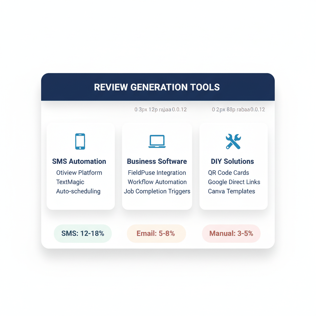 Dashboard showing review generation tools and platforms for handyman businesses including SMS automation, business software integration, and DIY solutions