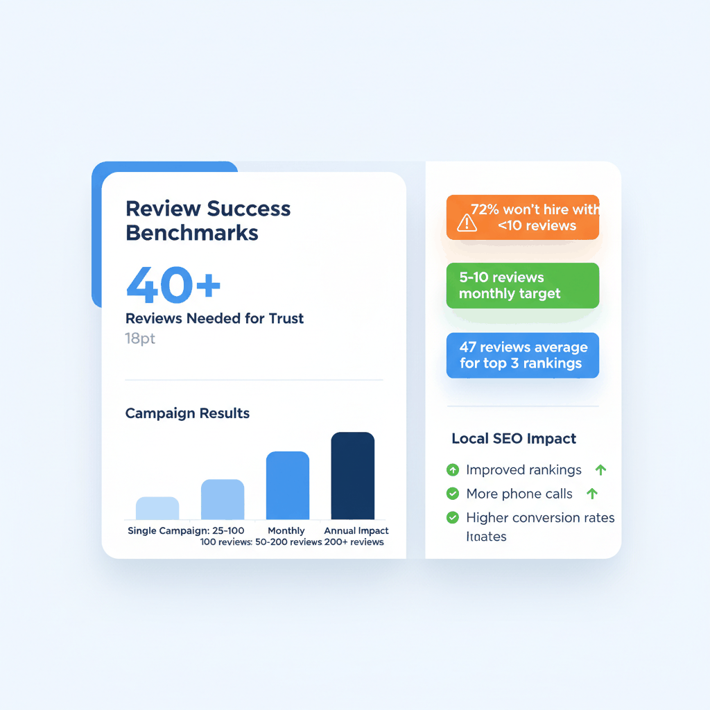 Metrics dashboard showing handyman review success benchmarks including trust thresholds, campaign results, and local SEO impact measurements