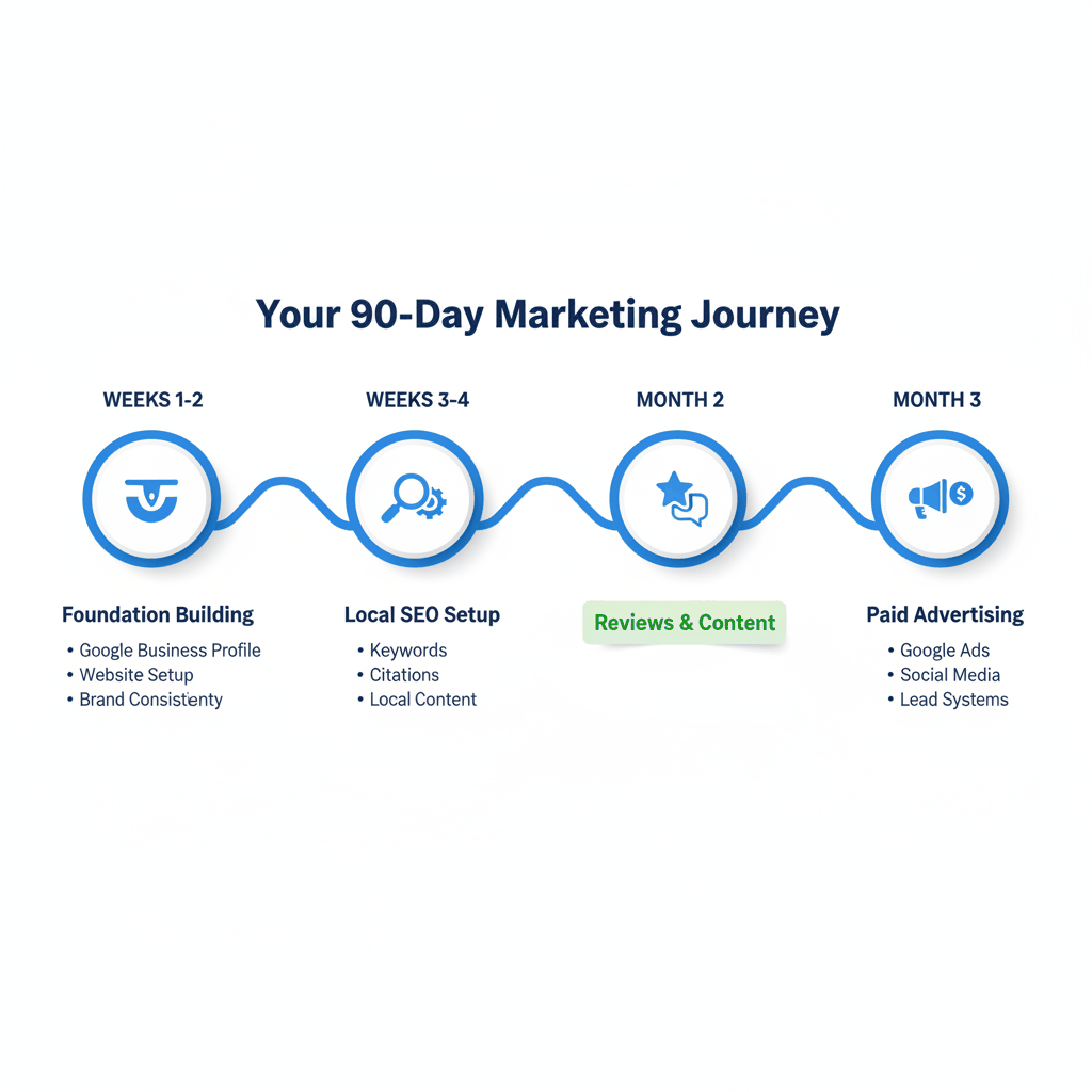 90-day marketing timeline showing foundation building, local SEO setup, content creation, and paid advertising phases for new roofing companies