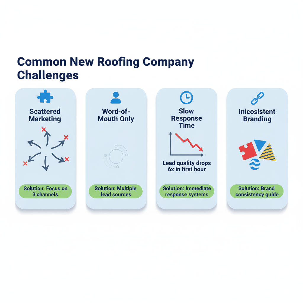 Four major marketing challenges facing new roofing companies - scattered marketing, word-of-mouth dependence, slow response times, and inconsistent branding