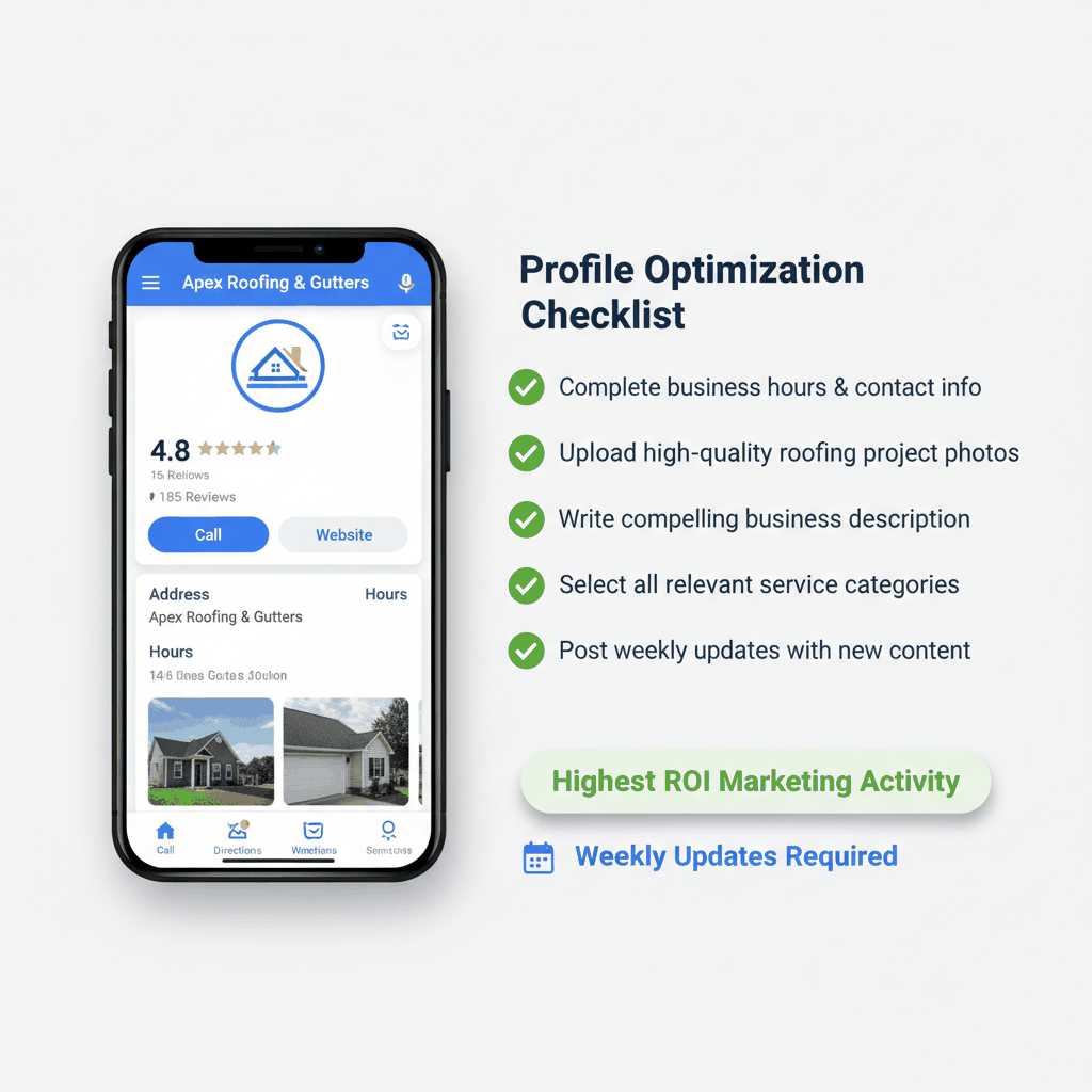 Google Business Profile optimization checklist showing mobile interface and essential setup tasks for roofing companies