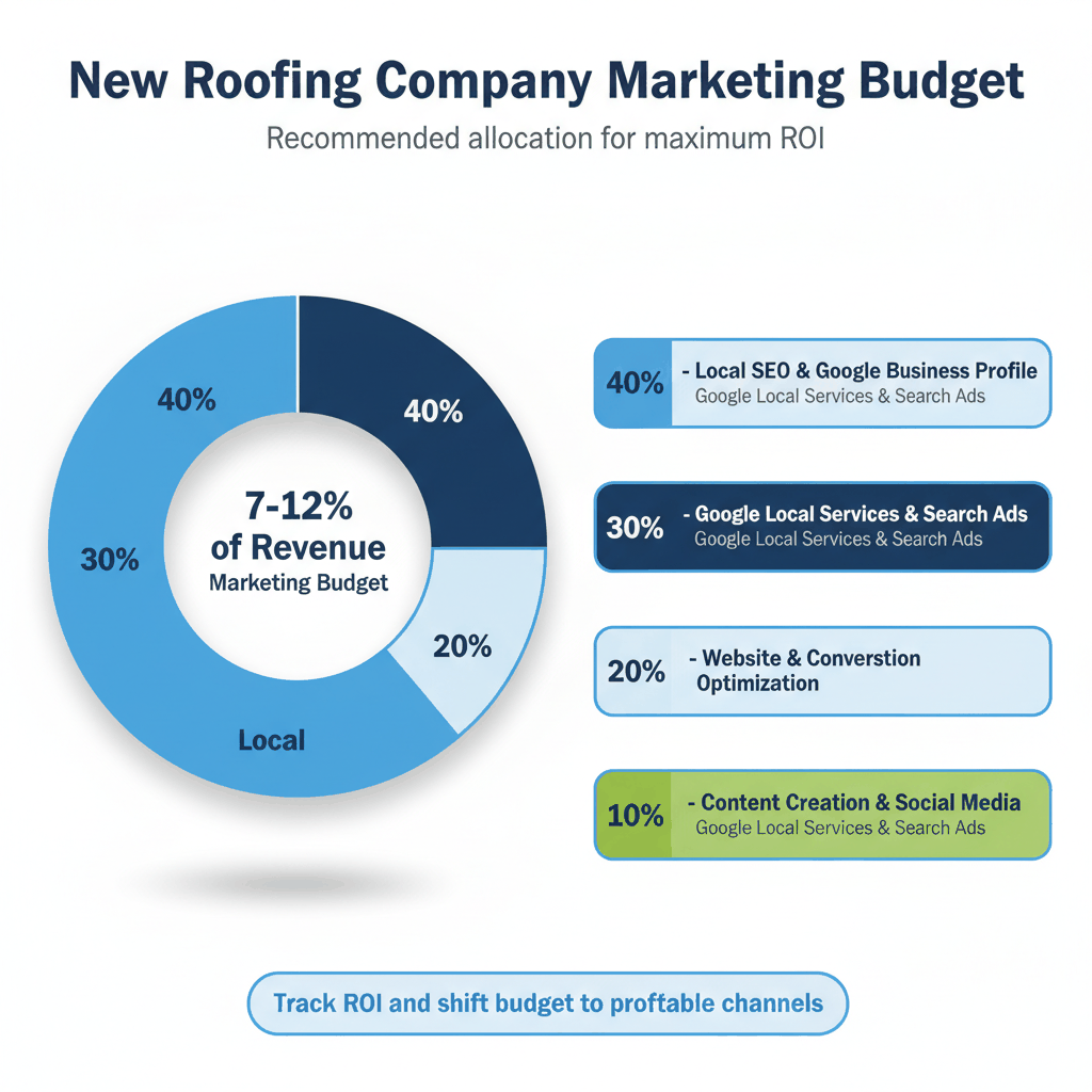Marketing budget allocation pie chart showing 40% local SEO, 30% paid advertising, 20% website optimization, and 10% content creation for new roofing companies
