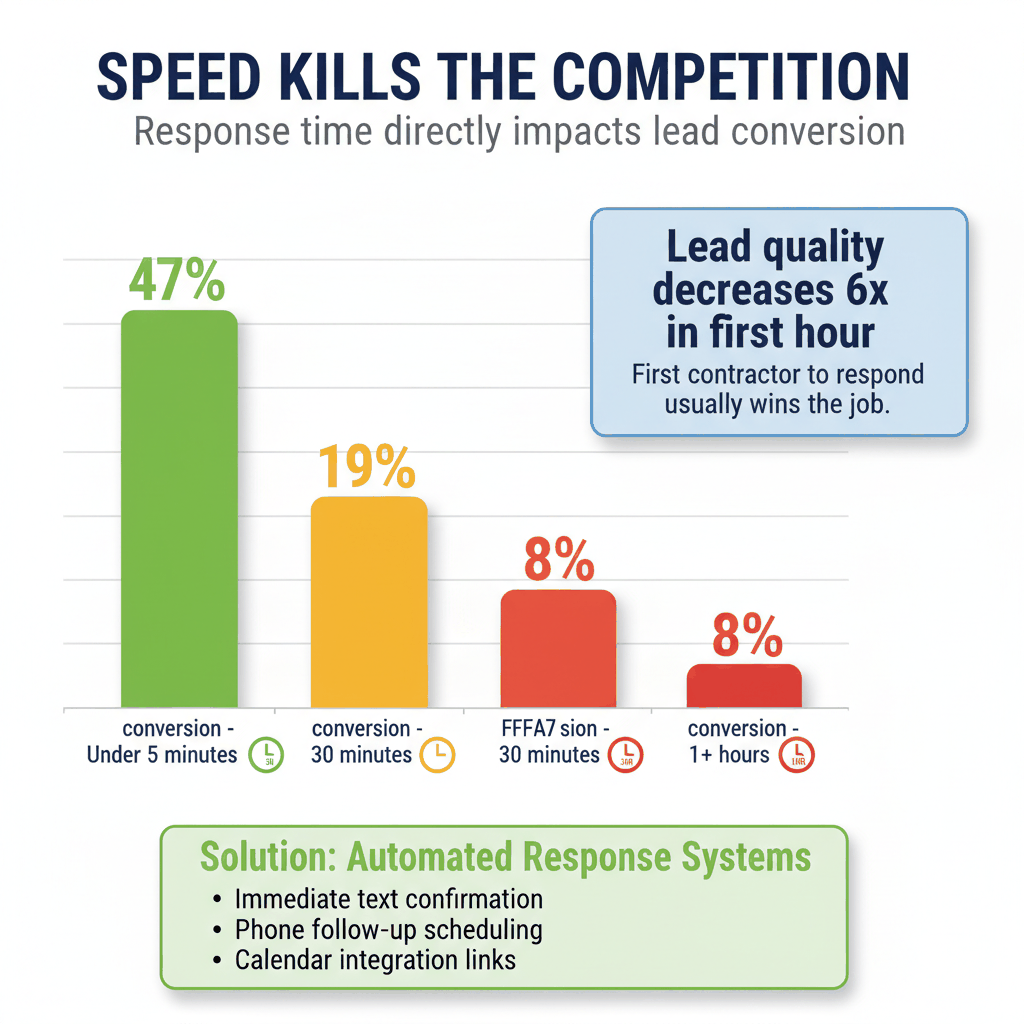 Lead response time impact chart showing 47% conversion under 5 minutes, 19% at 30 minutes, and 8% after 1 hour for roofing companies