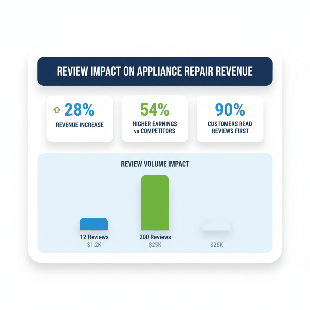Dashboard showing 28% revenue increase and review impact statistics for appliance repair businesses