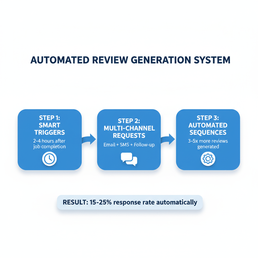 3-step automated review system process flow - smart triggers, multi-channel requests, automated sequences