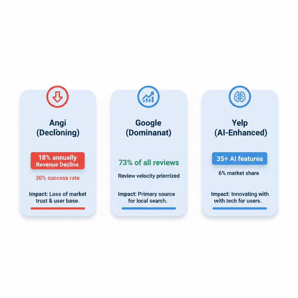 Comparison chart showing Angi decline, Google dominance, and Yelp AI changes affecting electrician lead generation