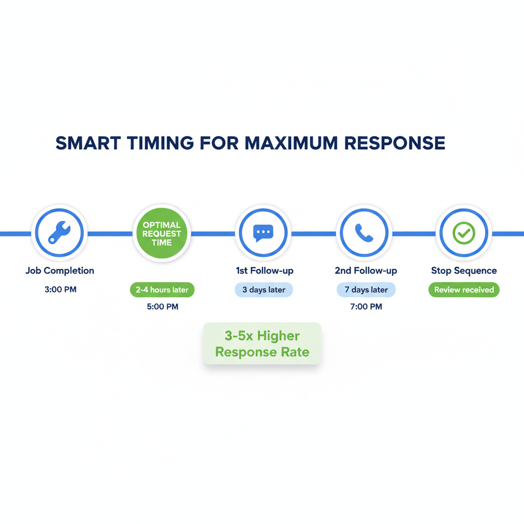 Review request timing optimization timeline showing 2-4 hour optimal window and follow-up sequence