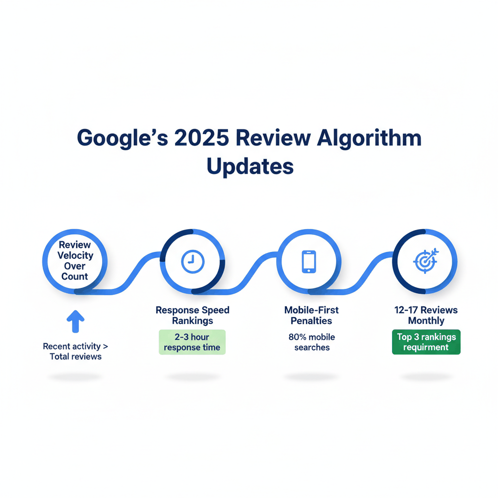 Timeline showing Google's 2025 algorithm changes prioritizing review velocity and response speed for electricians