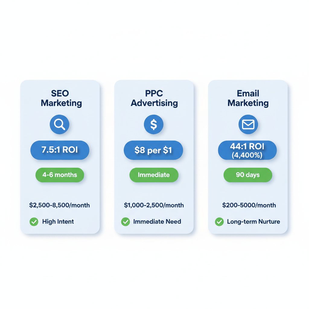 Flooring company marketing ROI comparison showing SEO, PPC, and email marketing returns - digital marketing strategy