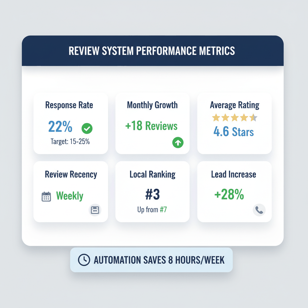 Review success metrics dashboard showing 22% response rate, 4.6 star rating, and weekly review generation