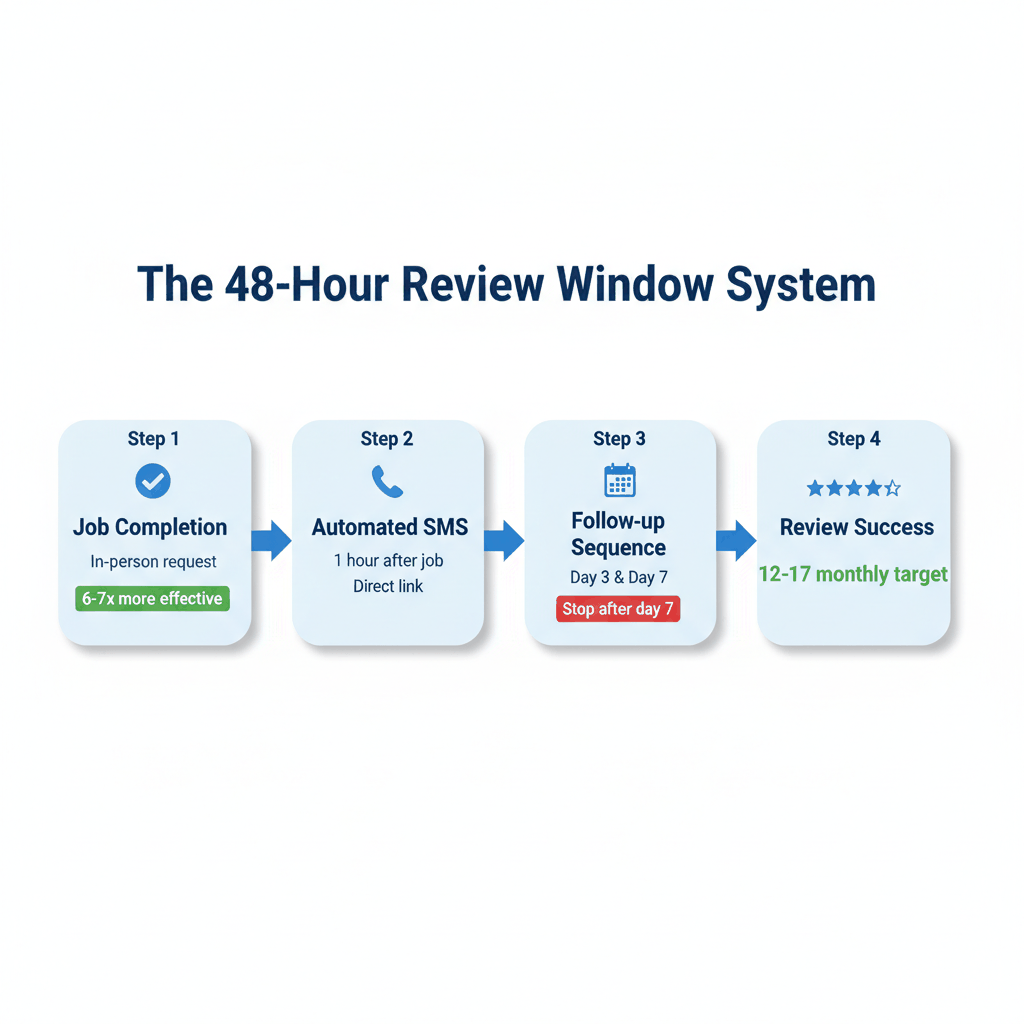 Step-by-step process showing electrician review collection system with timing and automation
