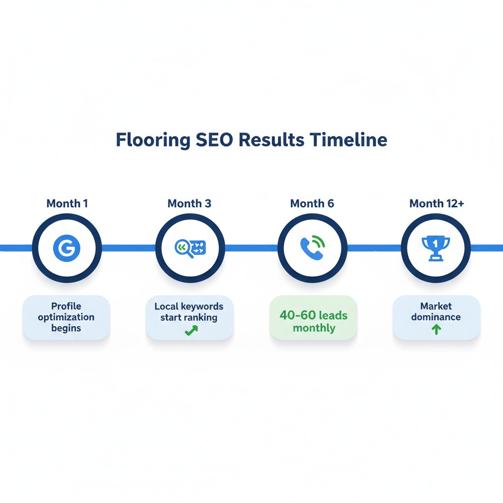 Flooring company SEO timeline showing monthly progression from optimization to 40-60 leads - local SEO strategy
