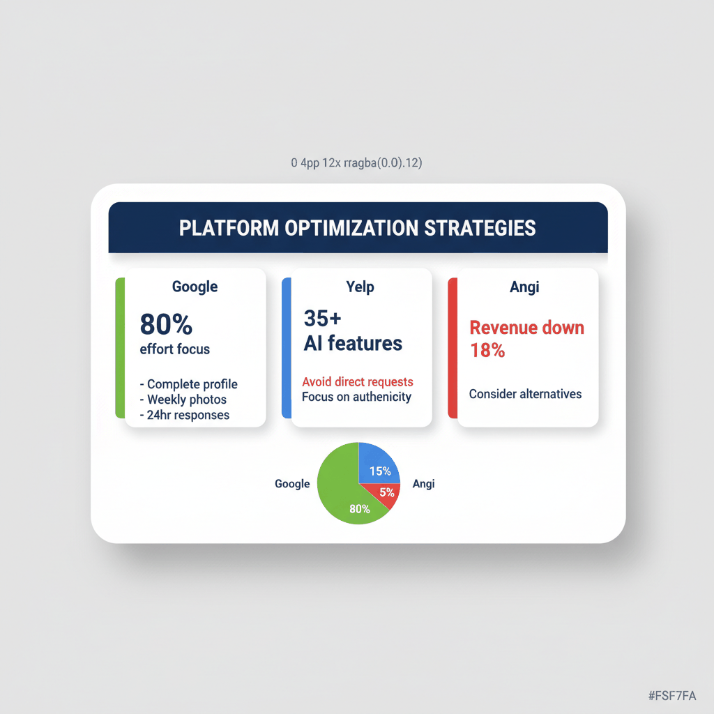Platform strategy dashboard showing Google focus, Yelp optimization, and Angi alternatives for electricians
