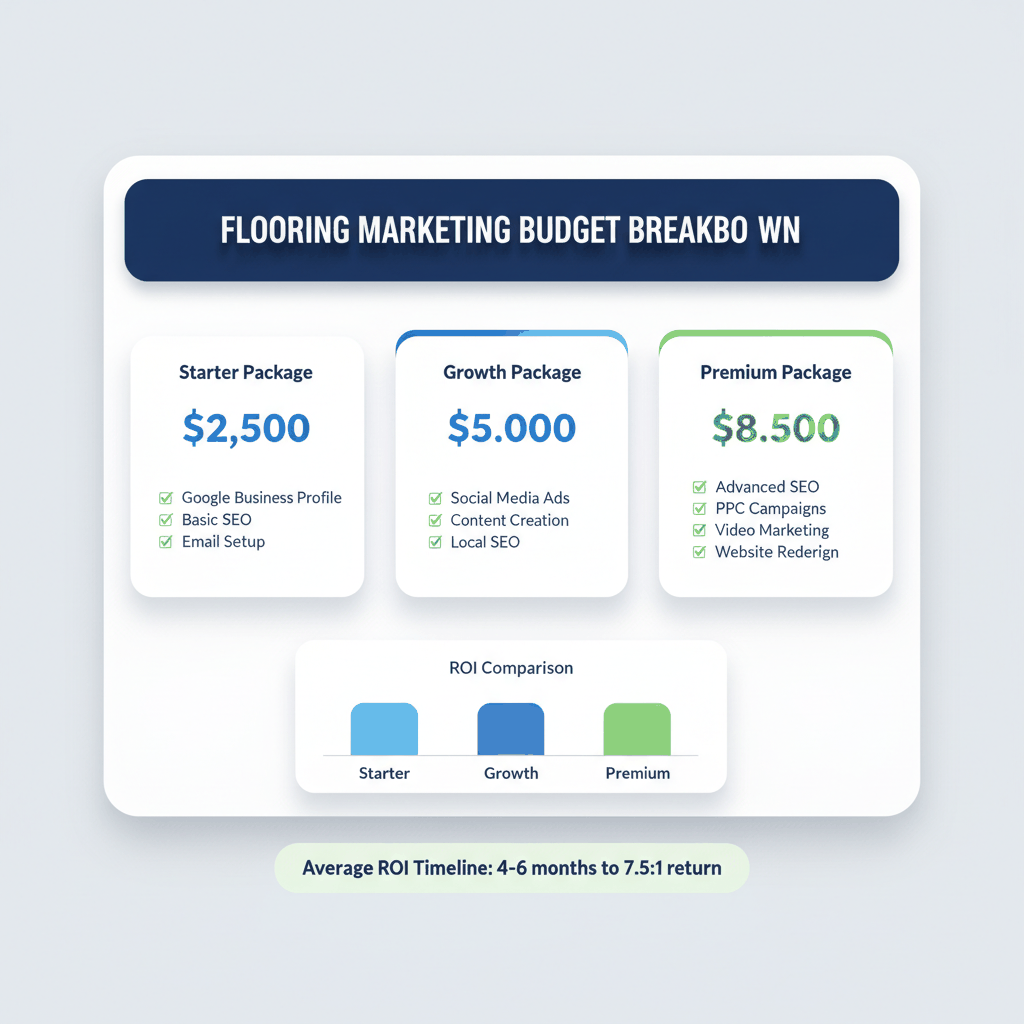 Flooring company marketing budget allocation dashboard showing starter, growth, and premium packages - digital marketing investment