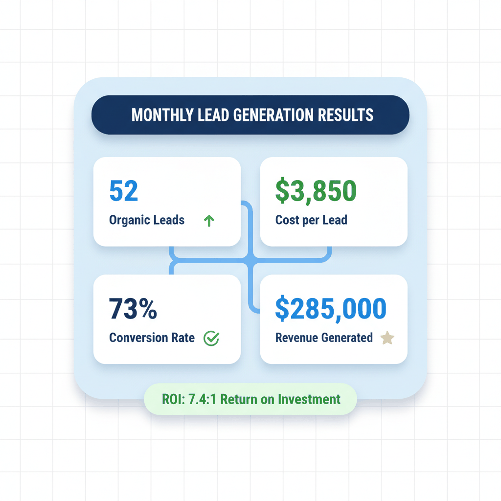 Flooring company lead generation metrics dashboard showing 52 monthly leads and ROI results - marketing performance tracking