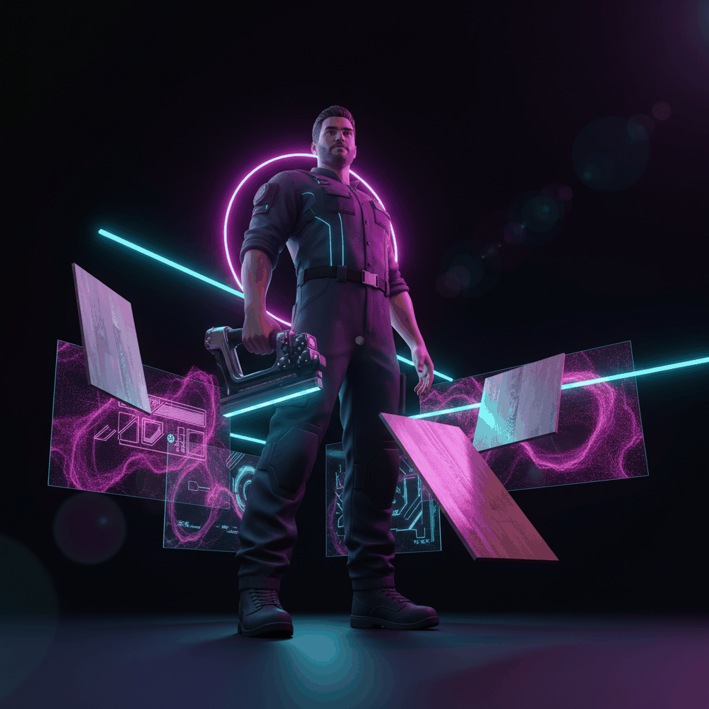 Futuristic 3D rendered flooring contractor with neon cyberpunk lighting - flooring social media marketing guide
