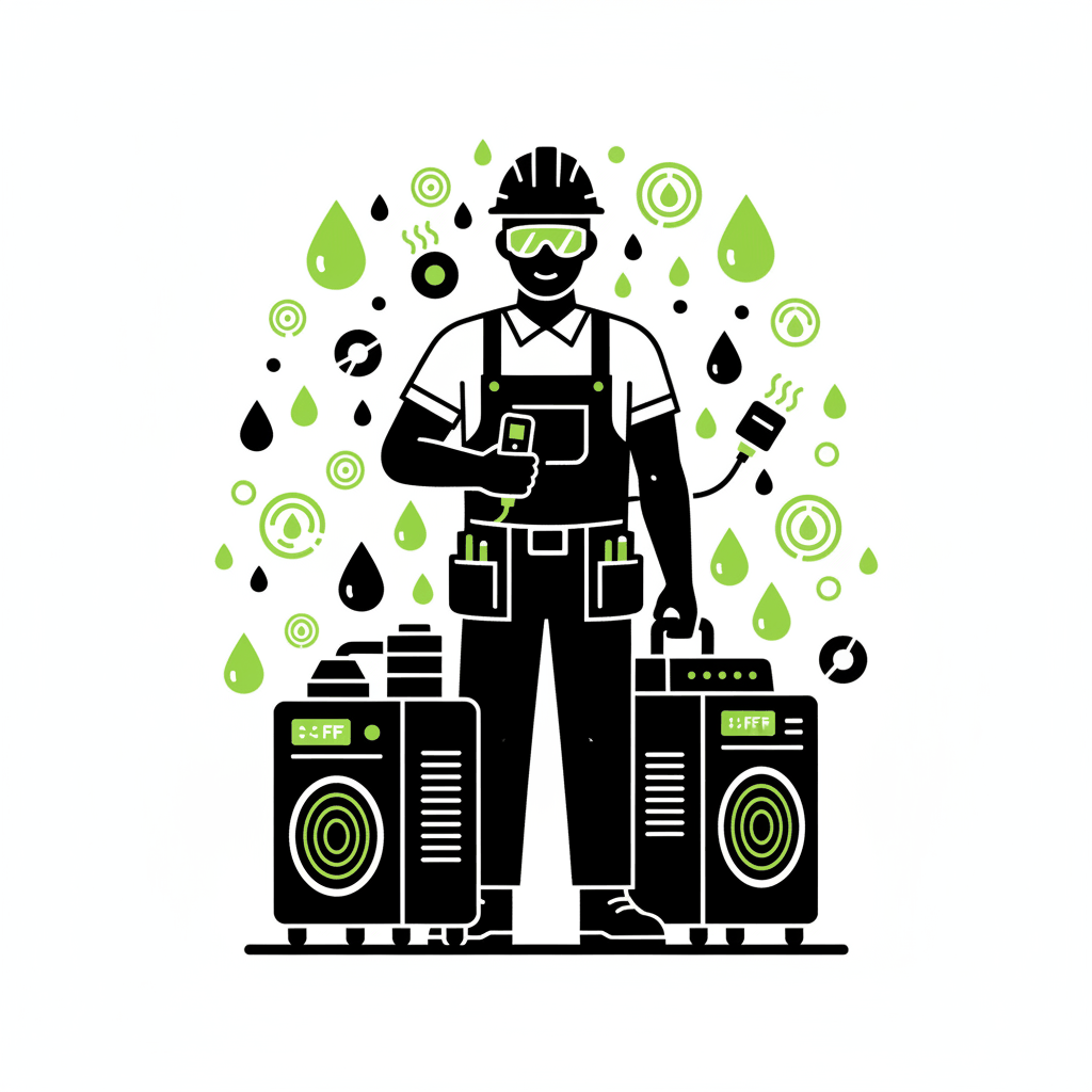Bold graphic water damage restoration technician with professional equipment - water damage social media marketing