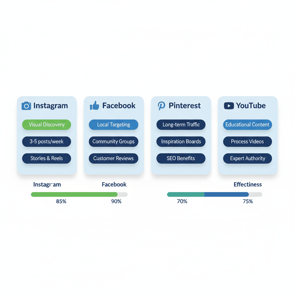 Social media platform comparison chart for flooring businesses showing Instagram, Facebook, Pinterest, and YouTube performance metrics