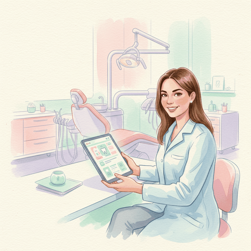 Watercolor illustration of dental professional with modern website design - dental website optimization