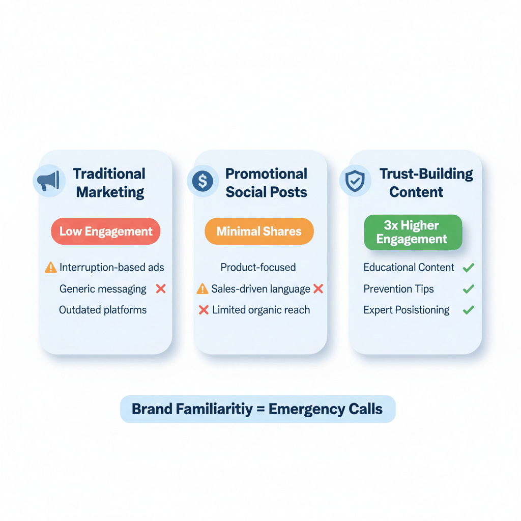 Social media content strategy comparison showing trust-building content generates 3x higher engagement for water damage companies