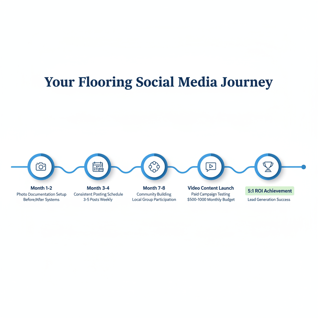 12-month flooring social media marketing timeline showing progression from setup to lead generation success